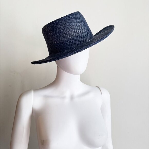 Vintage KP Navy Blue Straw Wide Brim Fedora Hat L - Picture 2 of 8
